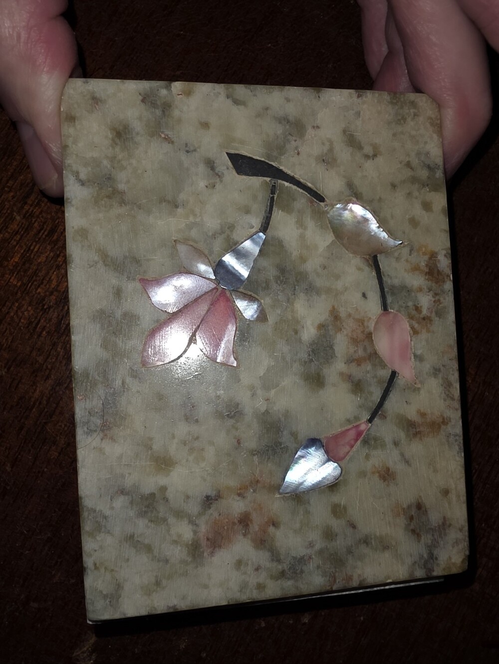 Vintage Mother Of Pearl Inlaid Soapstone Trinket Box